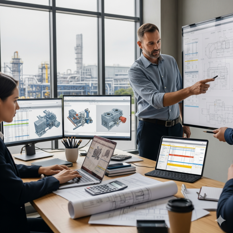 Three professionals discuss technical diagrams and industrial machinery designs on computers in a modern office with blueprints and industrial equipment visible through the window. Three professionals discuss technical diagrams and industrial machinery designs on computers in a modern office with blueprints and industrial equipment visible through the window.