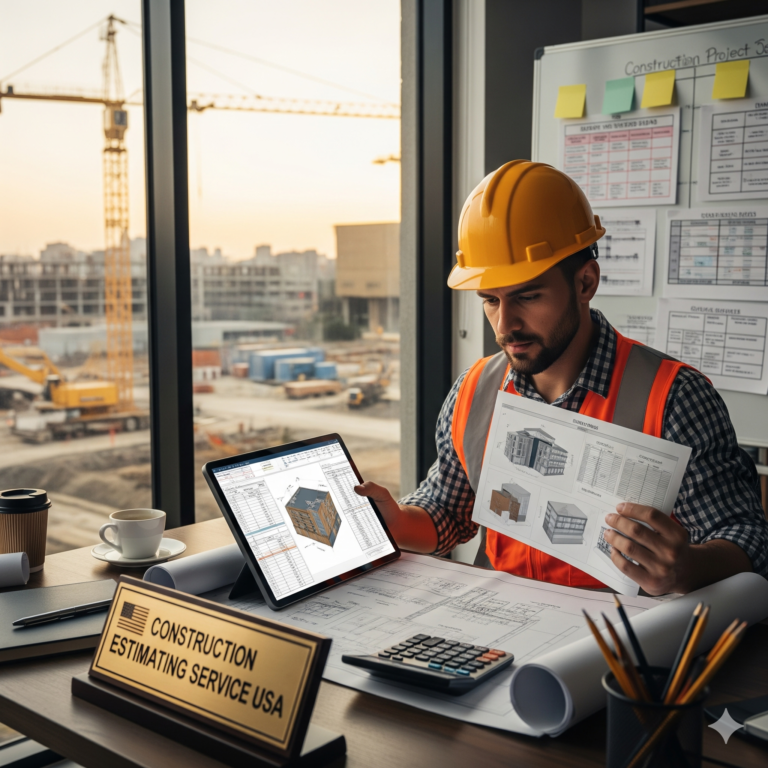 A man wearing an orange hard hat observes a construction project, assessing the ongoing work and planning next steps.