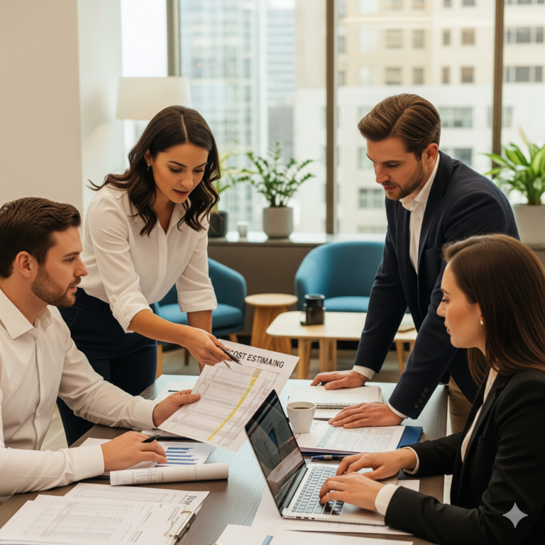 Team of construction cost estimating business people engaged in discussion and teamwork in a contemporary office environment.