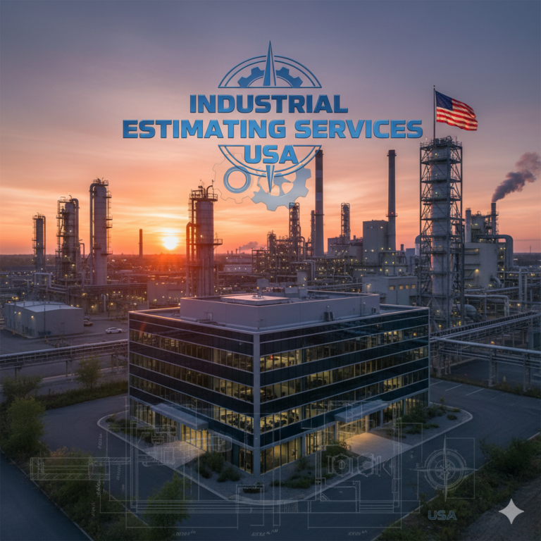 Industrial estimating services in the USA, showcasing tools and professionals engaged in project cost analysis.