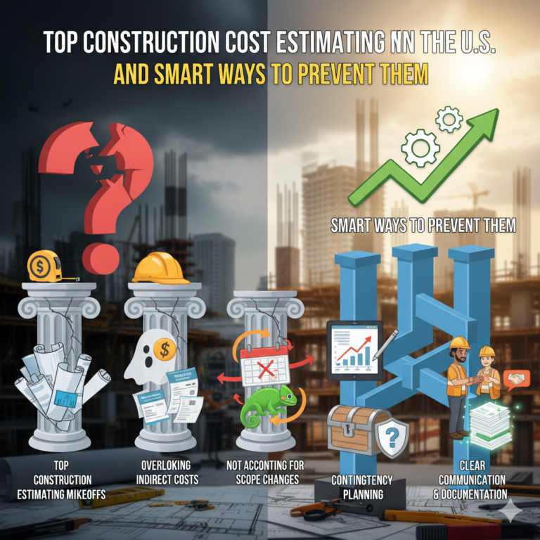 Image illustrating top construction cost estimating methods in the US and strategies to mitigate expenses.