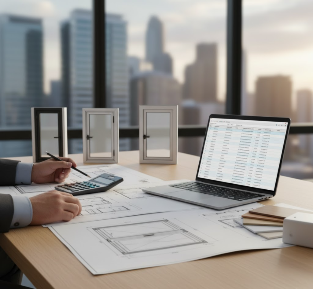 Man in a business suit working on a laptop with a panoramic city view in the background.