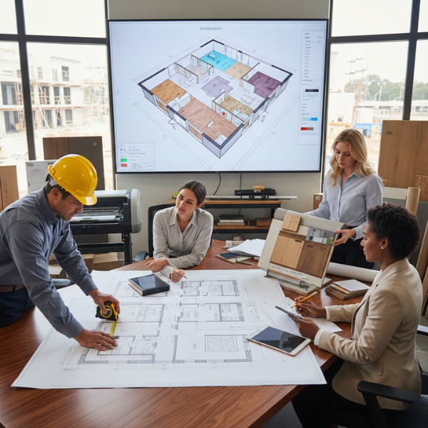 Team reviewing architectural plan for floor measurement and material estimation.