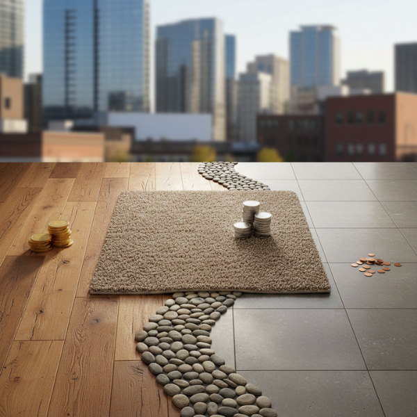 Flooring project cost differences in a city, showing hardwood, carpet, and tile with stacked coins.