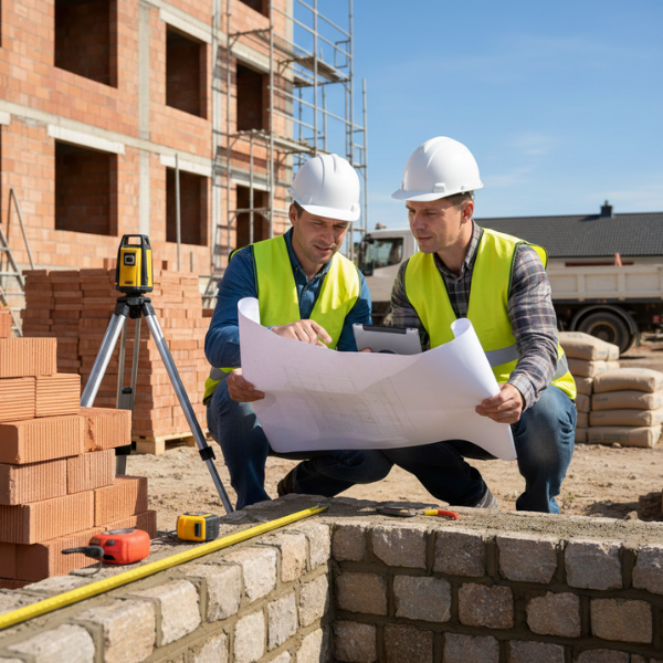 Two construction workers reviewing blueprints on a masonry job site with bricks and tools.