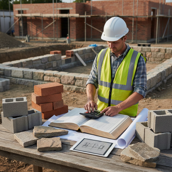 Construction worker calculating masonry costs for brick, block, and stone.
