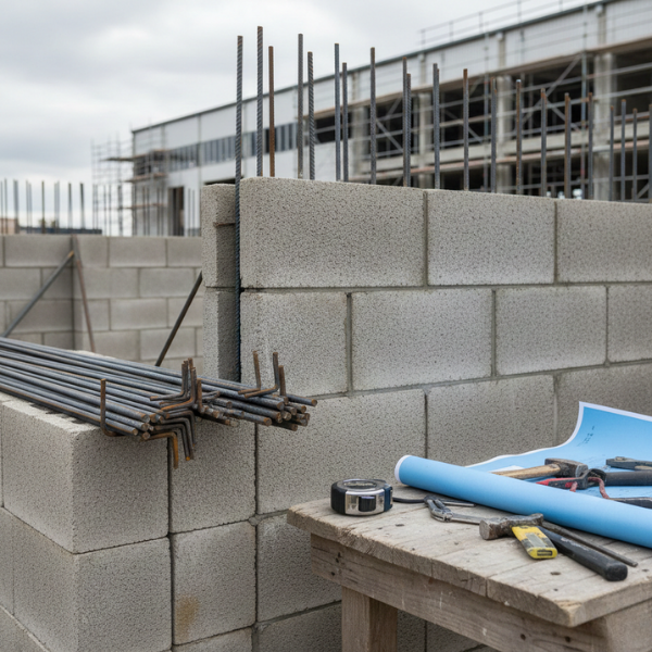 CMU wall construction with rebar and blueprints