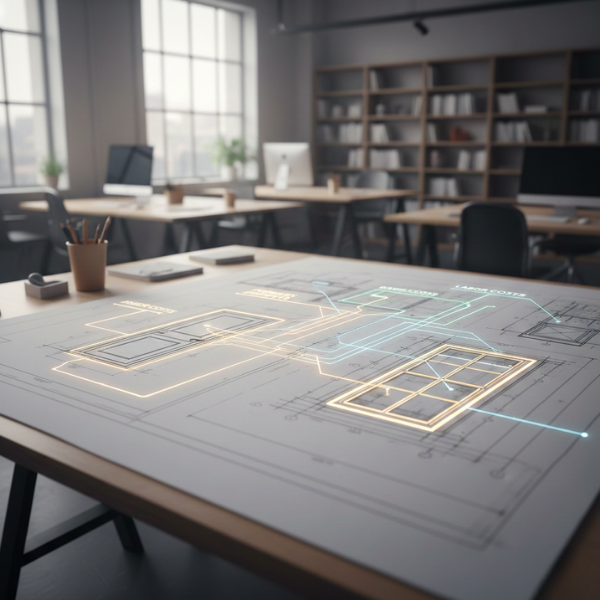 Blueprint of an office with door and window designs overlaid by glowing cost lines (labor & material).