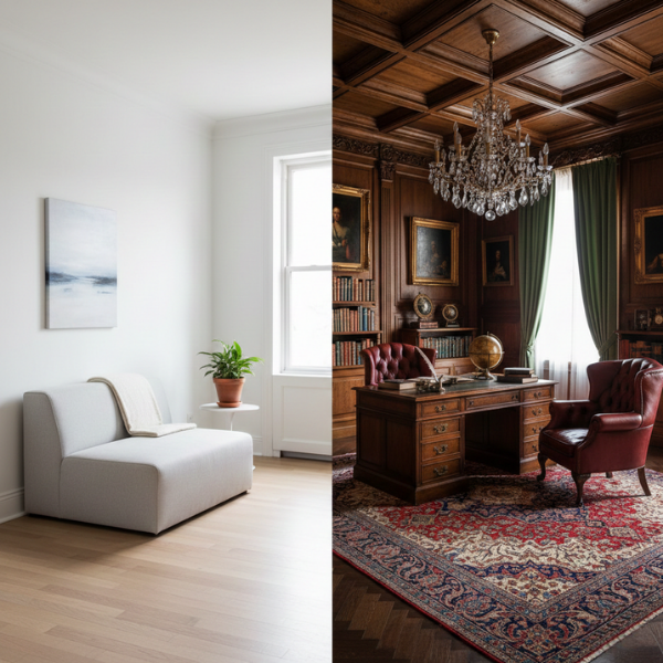 Minimalist modern room next to a highly detailed, traditional wood-paneled study