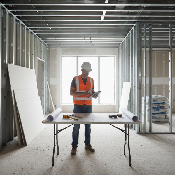 Construction worker on job site reviewing blueprints for drywall takeoff services.