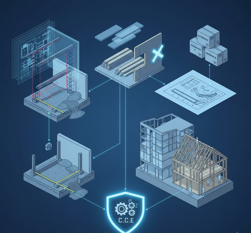 Construction takeoff process flow illustrating layered measurement, structural cross-checking, assembly logic, and coordinated drawing review to prevent estimation errors.