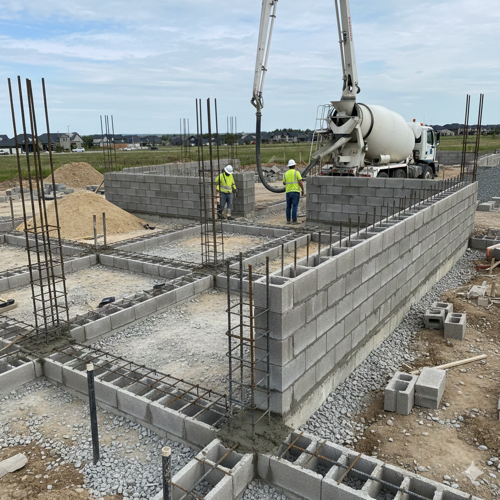 Construction of foundation with concrete block walls, footings, and rebar structure.