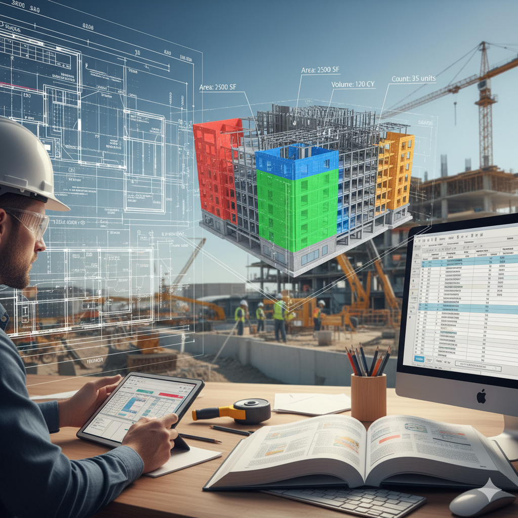 Construction takeoff process: an estimator reviewing BIM 3D model with quantities (QTO), blueprints, and a CSI-organized cost sheet.