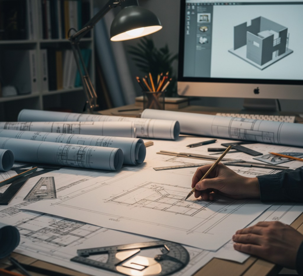Architect drafting blueprints at a desk with computer model.