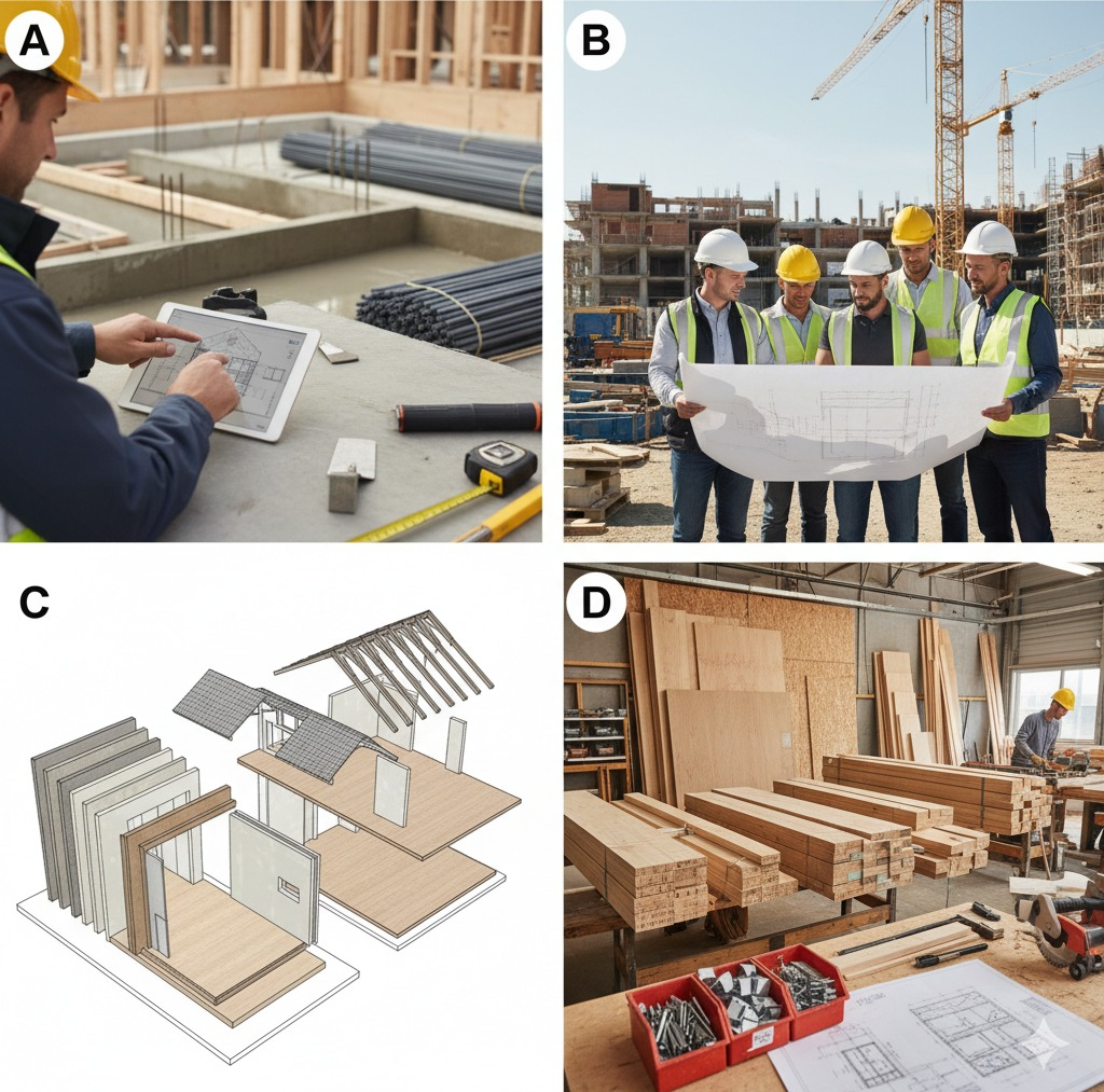 Construction worker performing digital takeoff over concrete formwork, crew reviewing plans, exploded wall assembly diagram, and lumber materials stock.