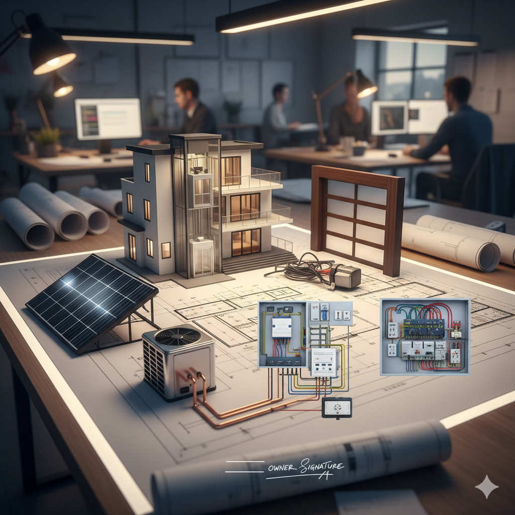 A detailed architectural blueprint is spread across a desk, featuring 3D models of high-cost residential components: a multi-story house model with an elevator visible, a separate garage door, an HVAC condenser unit with copper piping, a solar panel array, and detailed diagrams of residential electrical panels and wiring. The scene is set in an illuminated architectural office with people working in the background, symbolizing complex residential construction estimating.