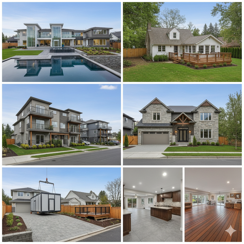 Collage of residential projects showing luxury home, suburban house, multi-family building, custom stone house, modular ADU, and interior remodel.