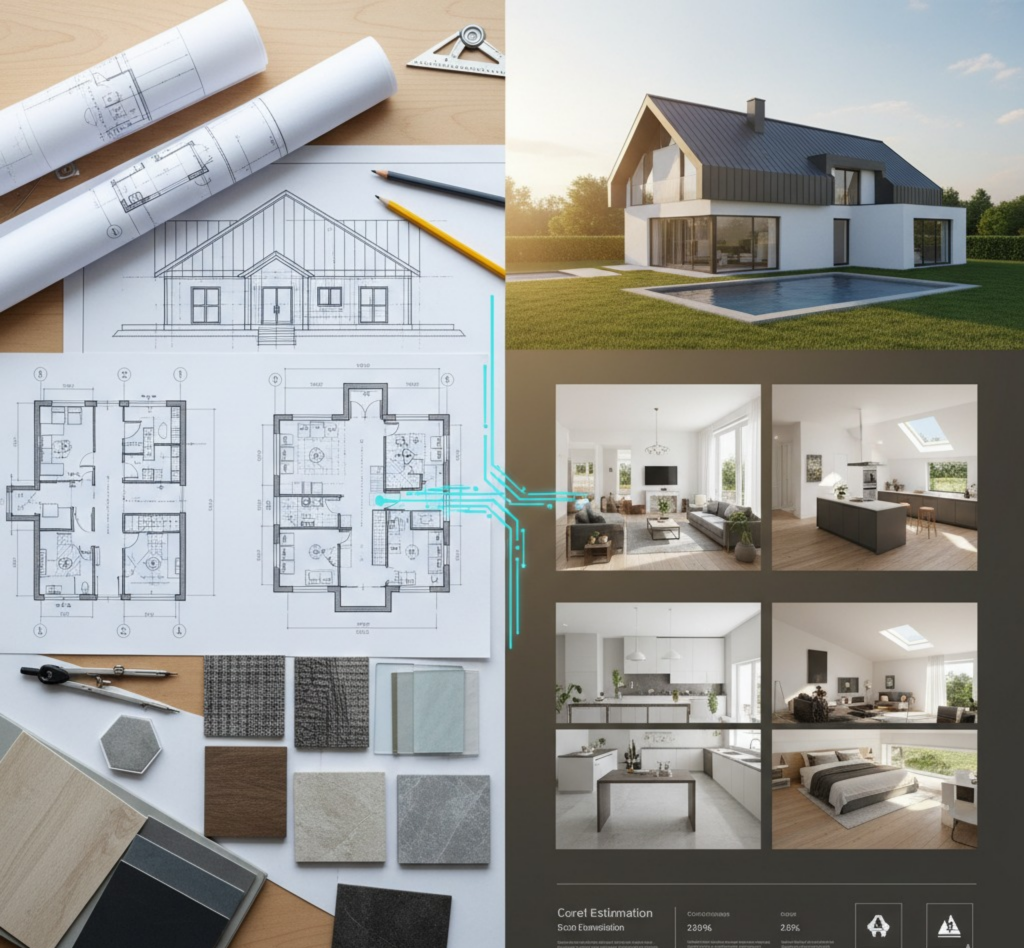 Architectural blueprints of a modern house connected via a digital circuit to photorealistic 3D renderings of the exterior, living room, and kitchen, showcasing the integration between design drafting and visual rendering services.