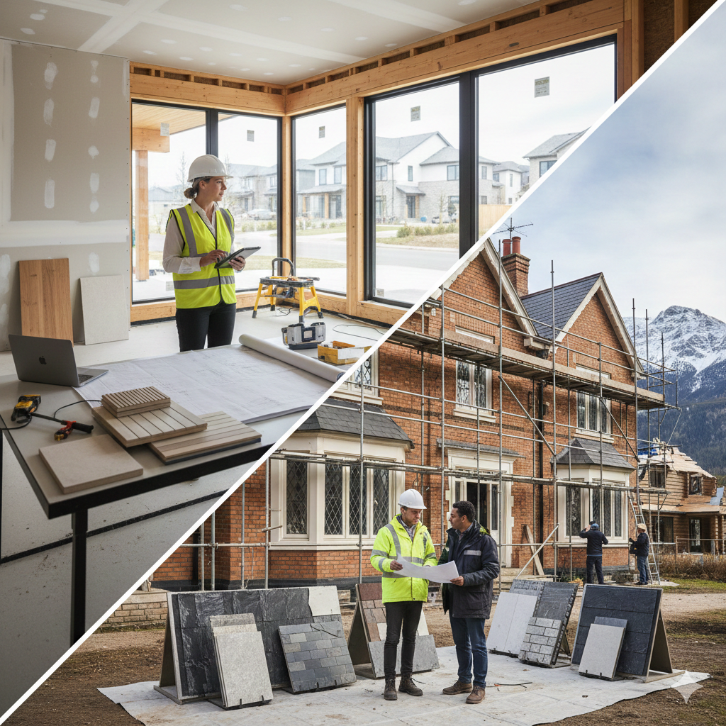 Construction professionals estimating interior finishes, blueprints, and exterior cladding materials (siding, roofing, stone) at different job sites in North America and the UK.