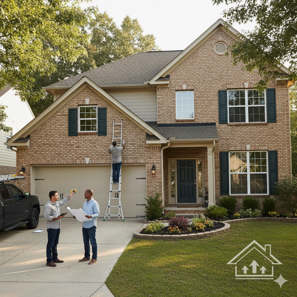 Two contractors review blueprints while inspecting a brick house.