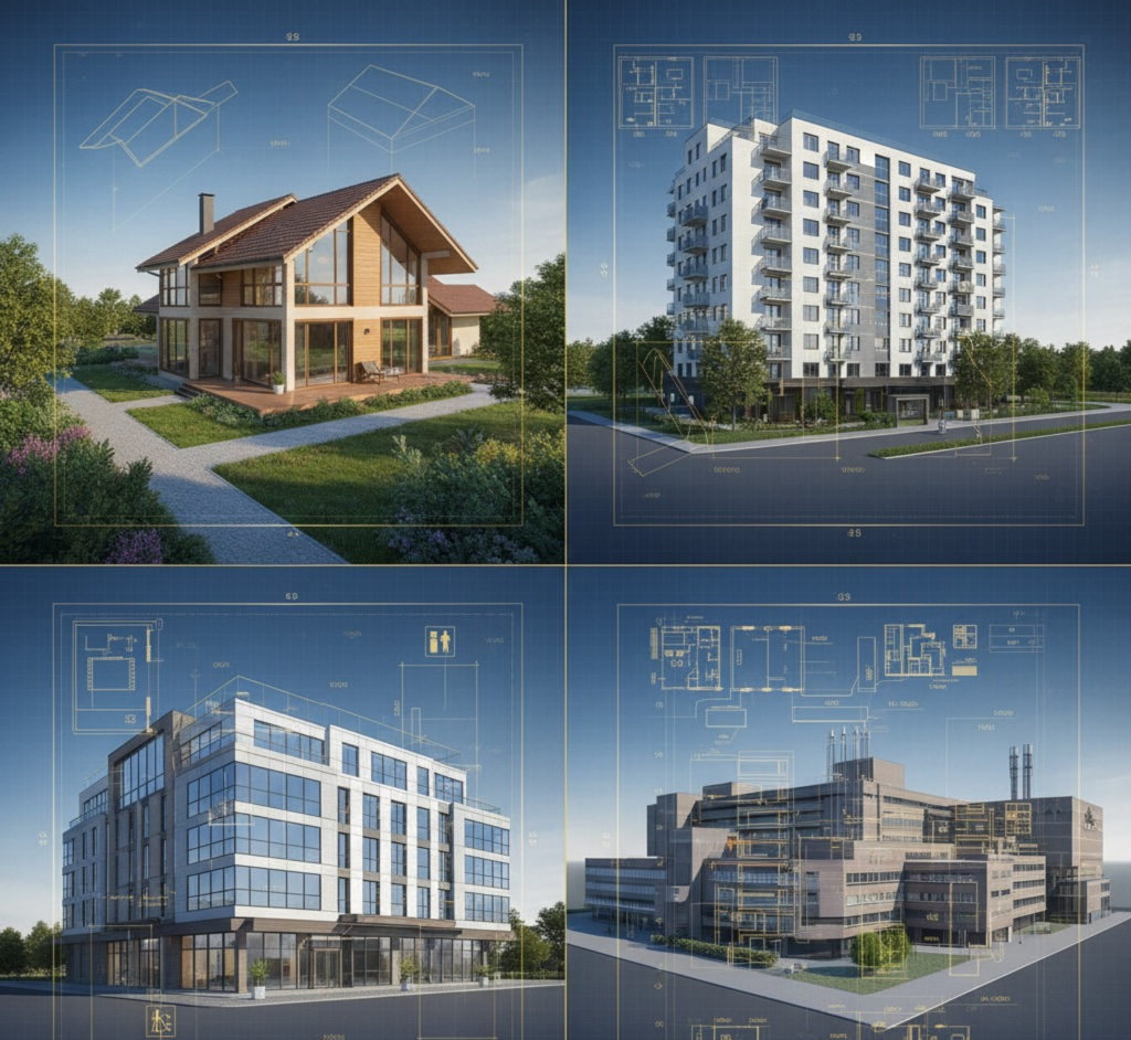 Architectural blueprints and 3D renderings of residential home, apartment building, commercial office, and hospital.