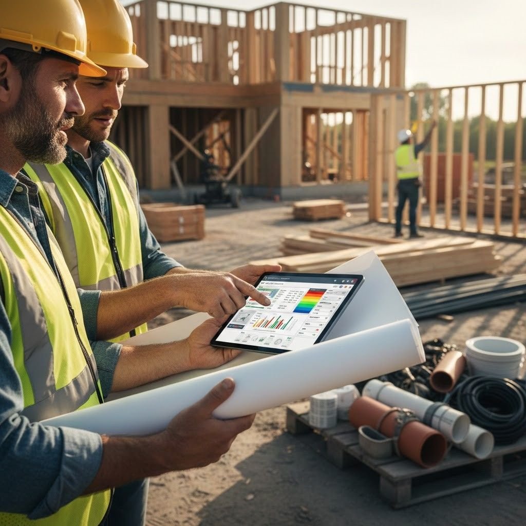 Construction team reviewing Xactimate estimate on tablet at job site