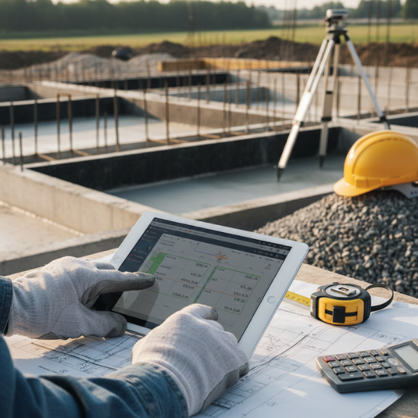 Construction worker using tablet to estimate concrete foundations