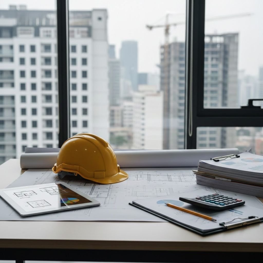 Hard hat, blueprints, tablet, and calculator on a construction estimator's desk.