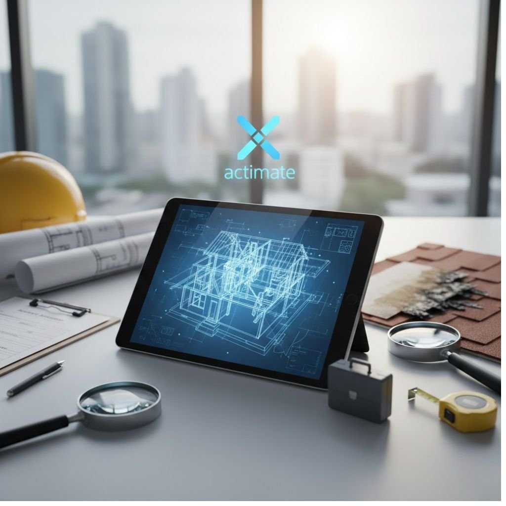 Construction estimating desk with blueprint on tablet