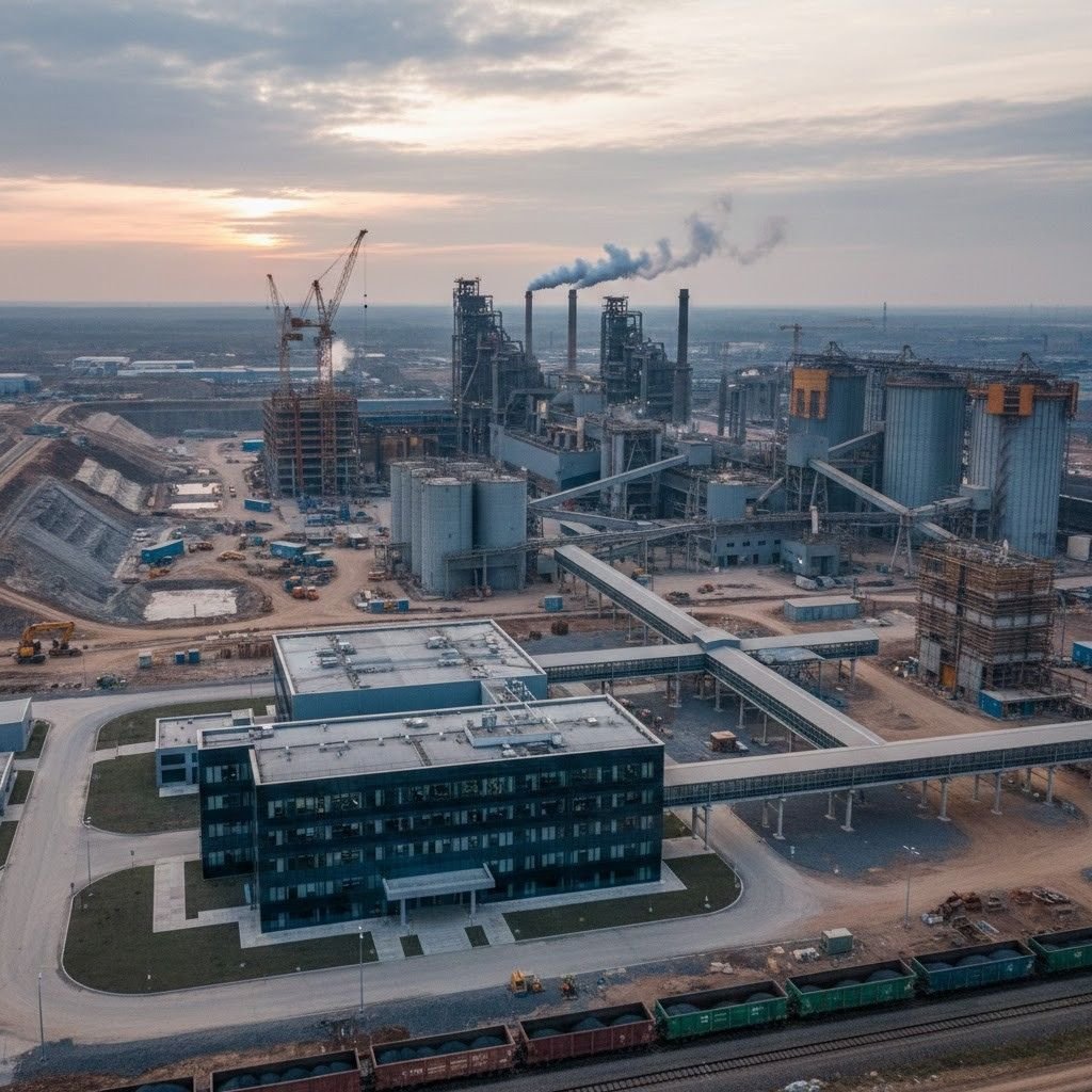 Industrial facility construction site with estimating services office