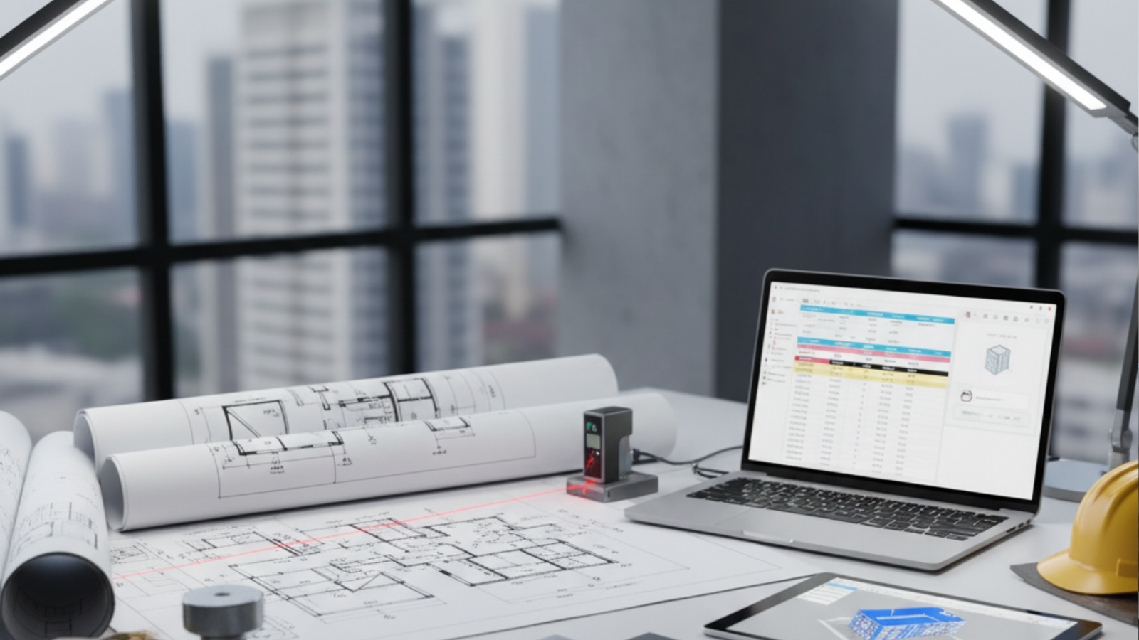 A laptop, construction plans, and a tablet arranged neatly on a desk, suggesting a workspace for project planning.