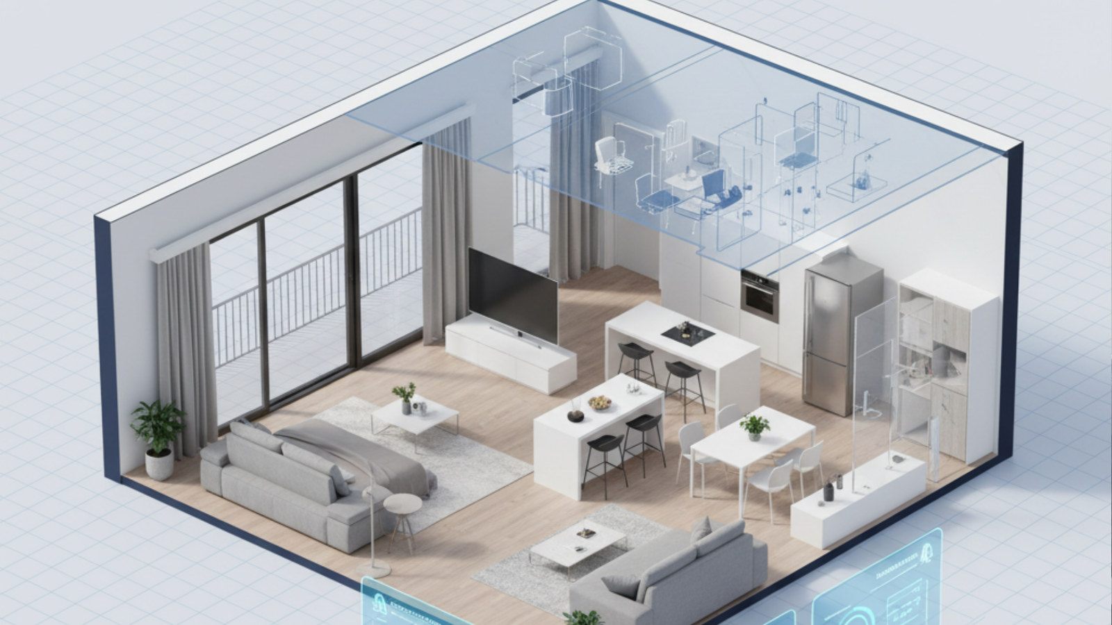 Modern open-concept living space with a kitchen, dining area, and lounge, featuring smart home system overlays highlighting connected appliances and devices.