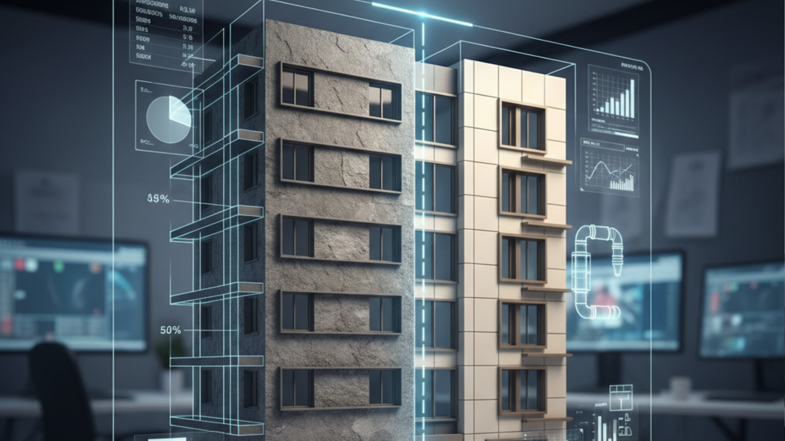 Digital architectural visualization showing two multi-story building models side by side, with holographic data overlays and construction analytics displayed in a modern office environment.