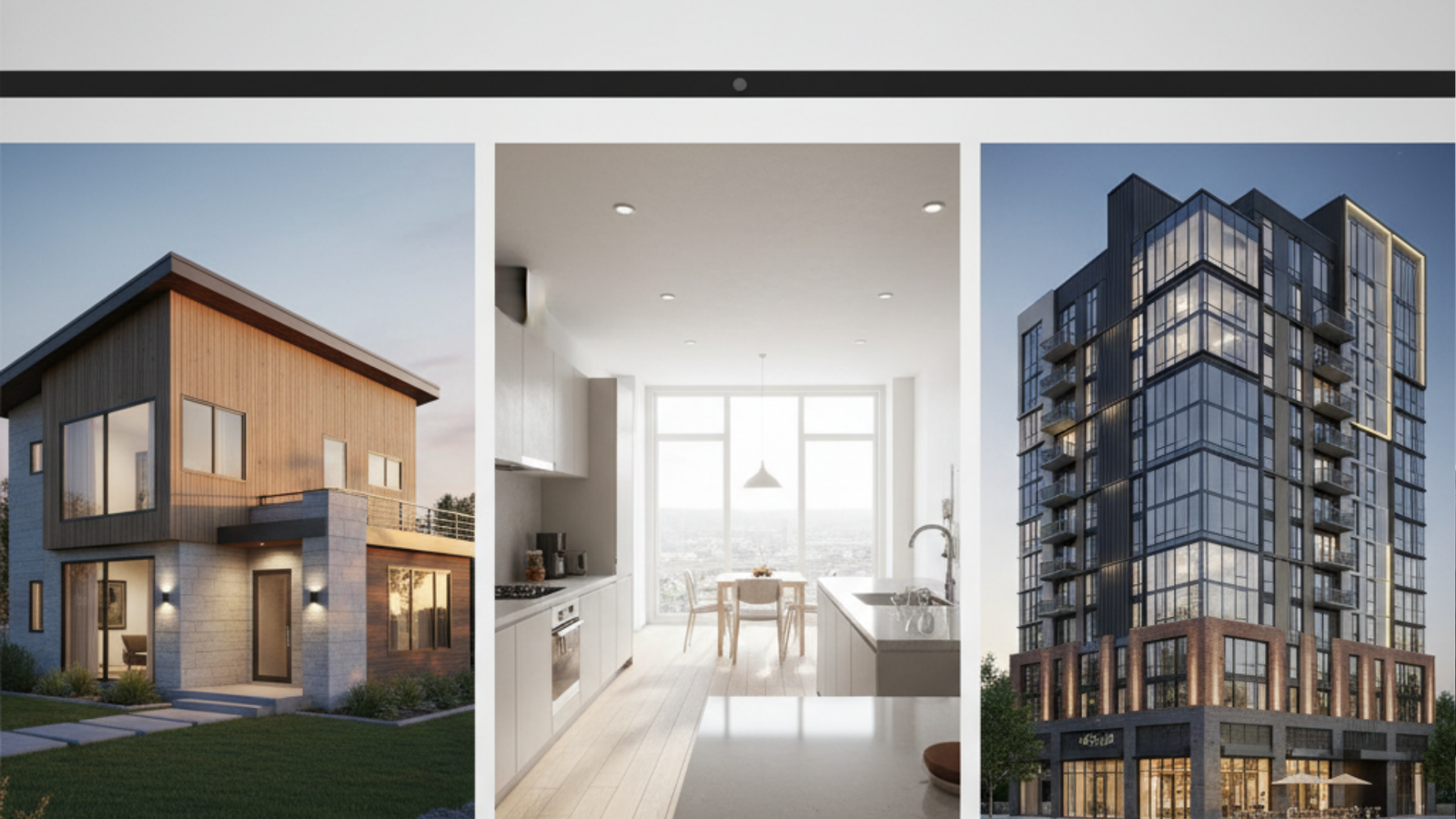 Three real estate visuals showing a modern house, a bright kitchen interior, and a high-rise residential building.