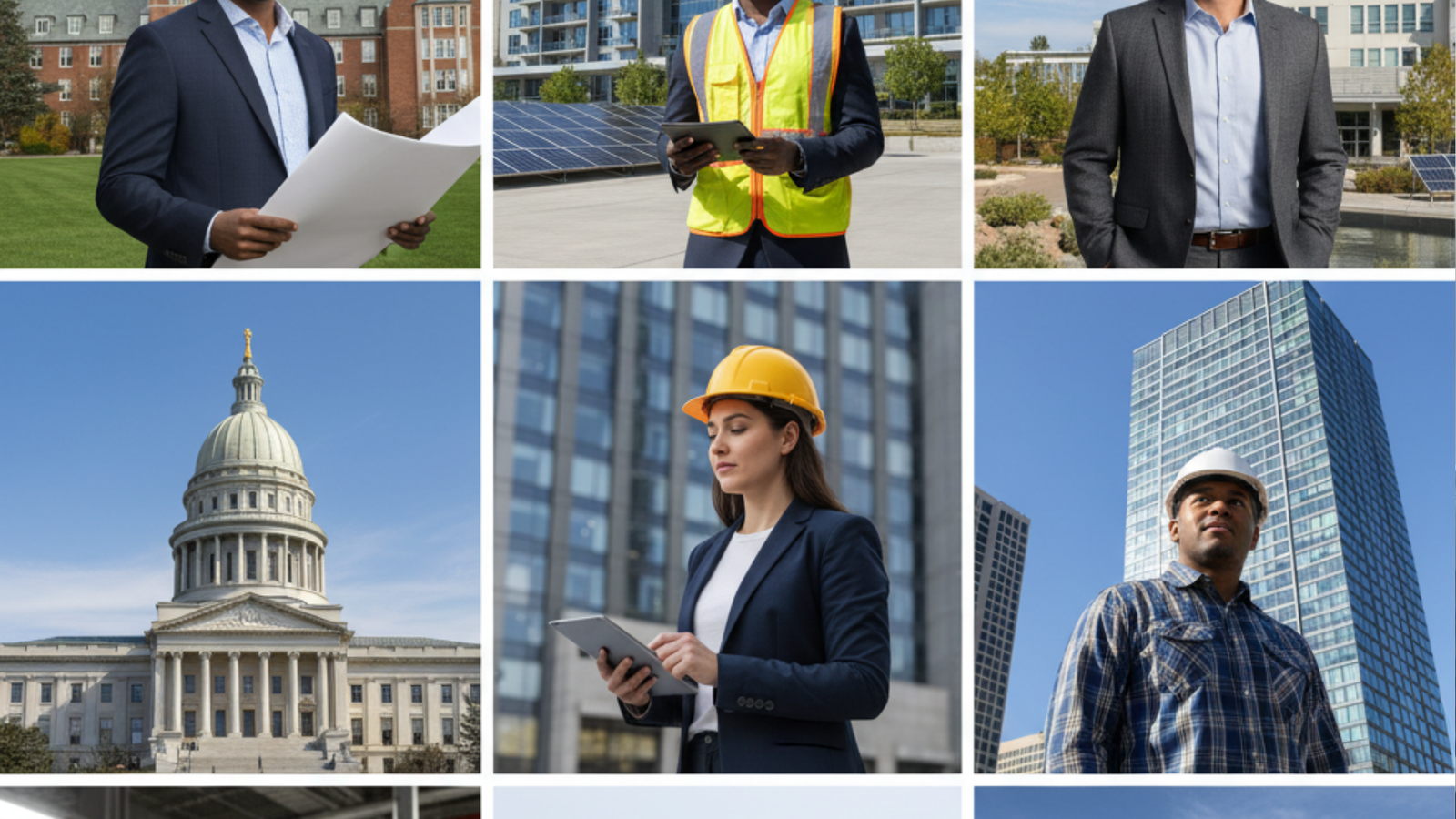 An isometric, composite digital illustration showing a central cityscape with a glowing globe, surrounded by various commercial building types labeled by US states (Connecticut, Arizona, Georgia, Illinois, Michigan, Minnesota, Montana, Alabama). The image emphasizes the integration of regional construction expertise and global standards, with data streams connecting the different sectors.