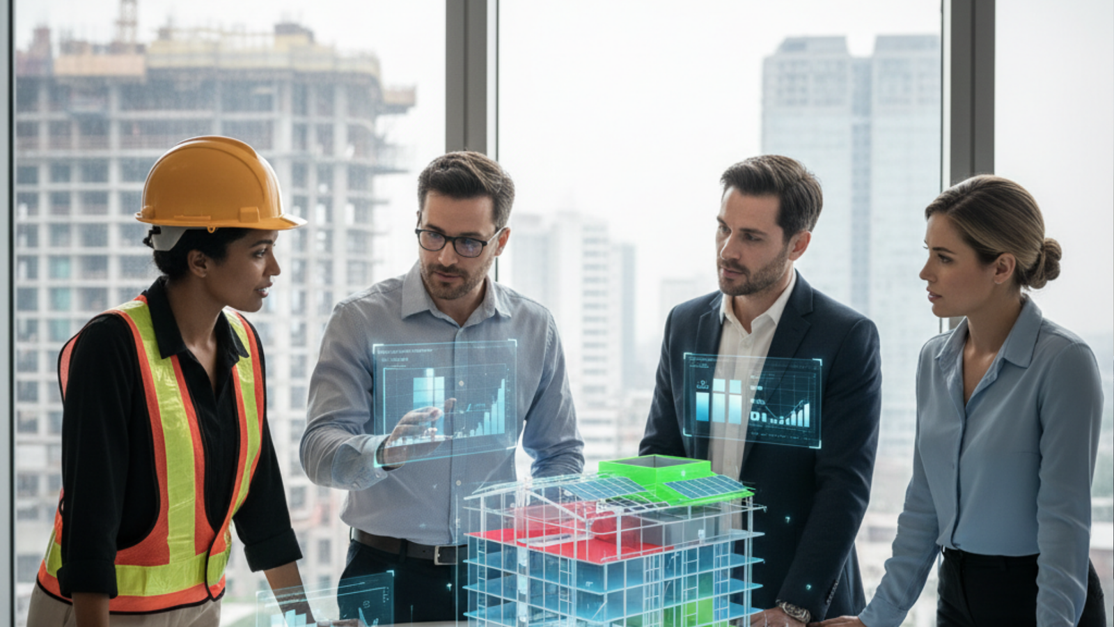 Construction team (engineer, project managers) reviewing a holographic 3D BIM model of a building on a digital table, with a city construction site visible in the background, illustrating value engineering and cost-value balance.