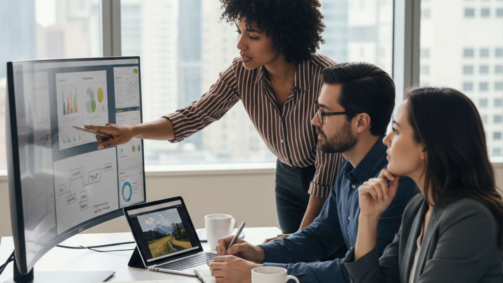 Three diverse commercial estimators collaboratively reviewing detailed data and construction cost analytics on a large curved monitor in a modern, sunlit office with a city skyline view.