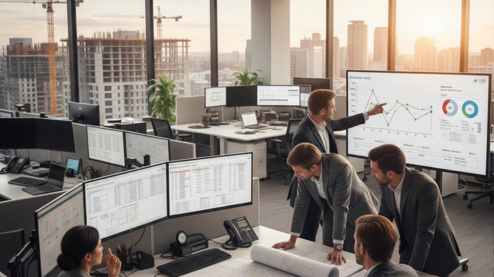 Construction estimating team reviewing plans and financial data in an office overlooking a building site.