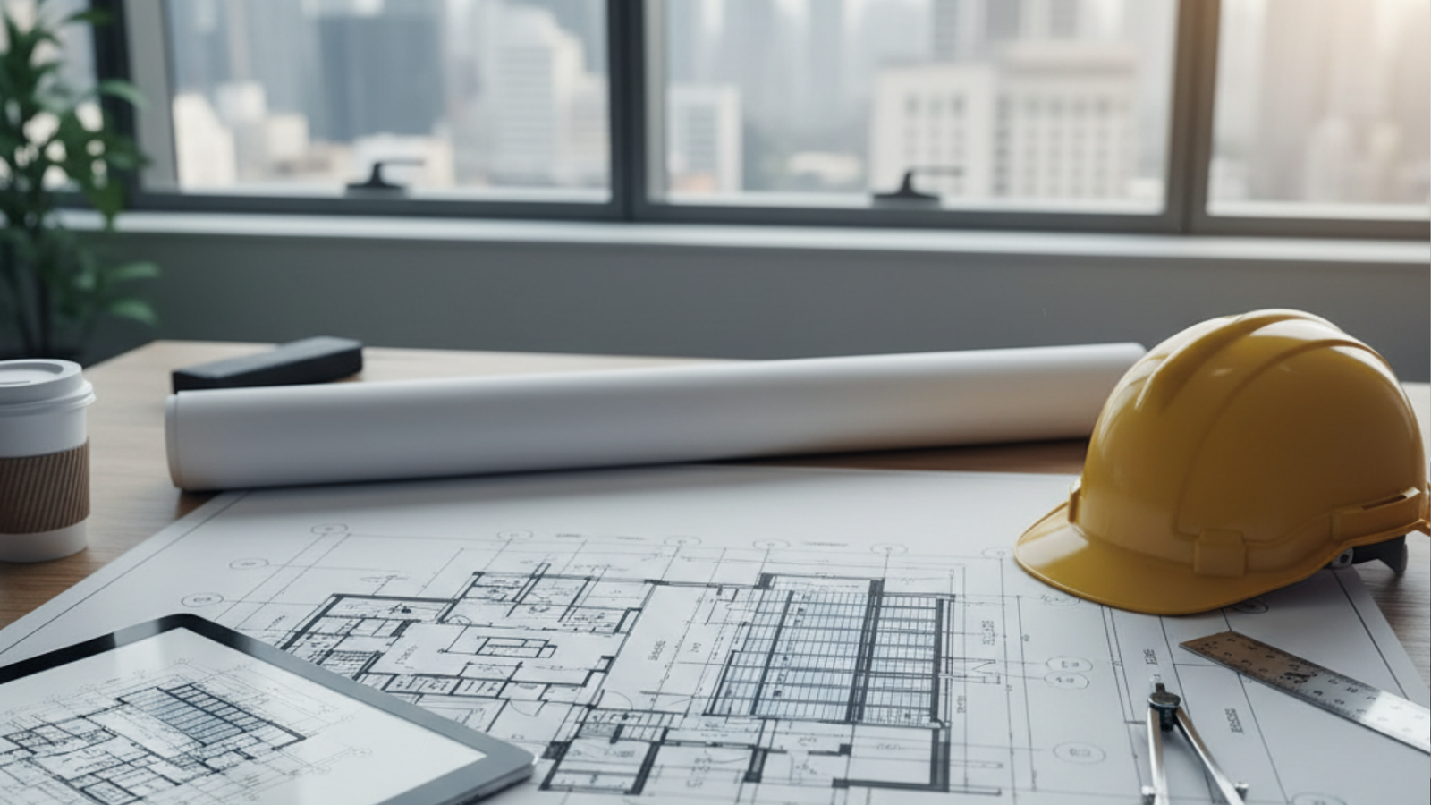 Architectural blueprint and hardhat on desk with city skyline view, representing commercial construction planning and estimating.