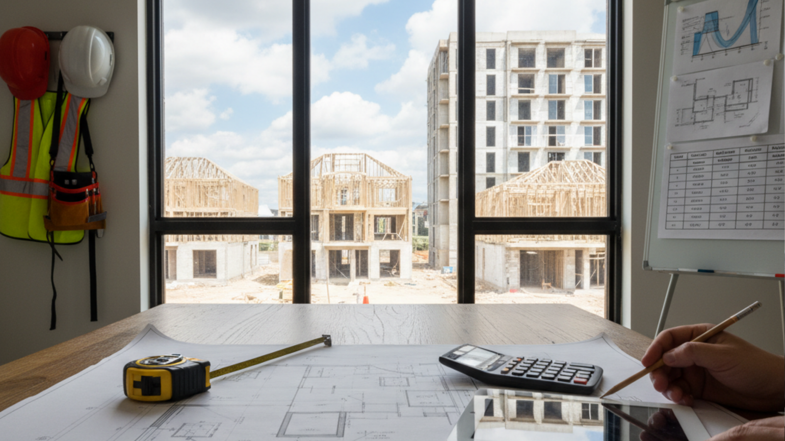 Construction cost estimator reviewing blueprints with calculator and tape measure