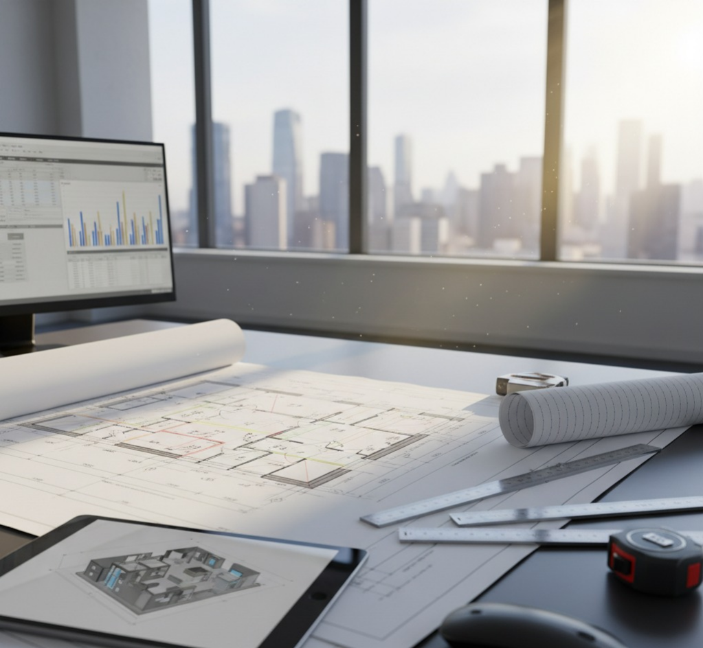 Construction blueprints and digital takeoff tools on a modern office desk with a city view.