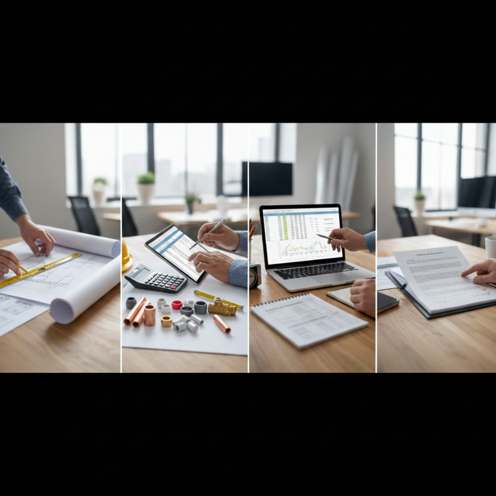 Expert plumbing estimators analyzing technical blueprints and pipe fittings to create accurate project cost reports.