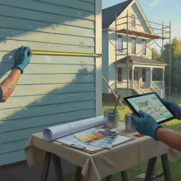 Professional painter estimating exterior house painting job using a tape measure, blueprints, and digital tablet.