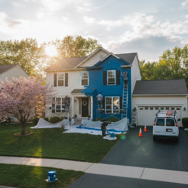 Professionals painting a two-story suburban house blue and white using ladders and drop cloths.