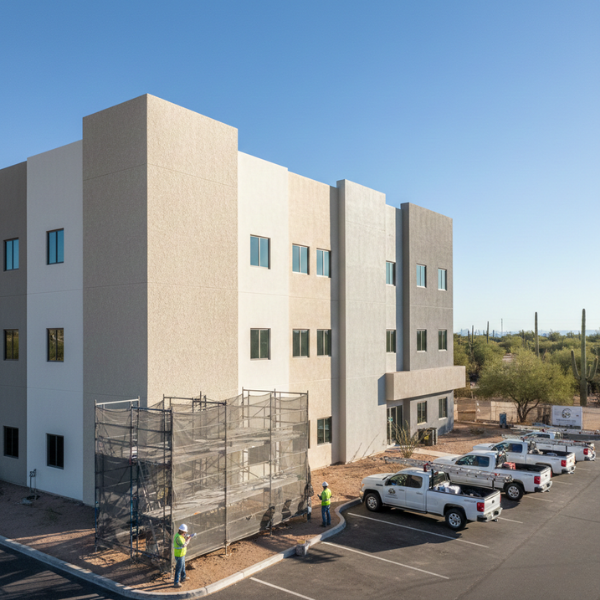 Stucco application on modern commercial building exterior