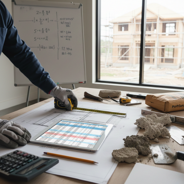 Contractor calculating stucco cost with blueprints and materials.