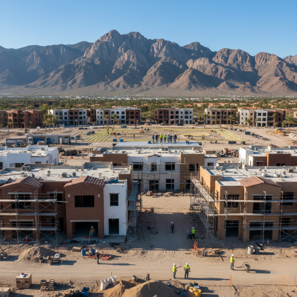 Aerial view of a large residential construction site in the desert foothills, showing multi-story buildings in various stages of stucco application and scaffolding.