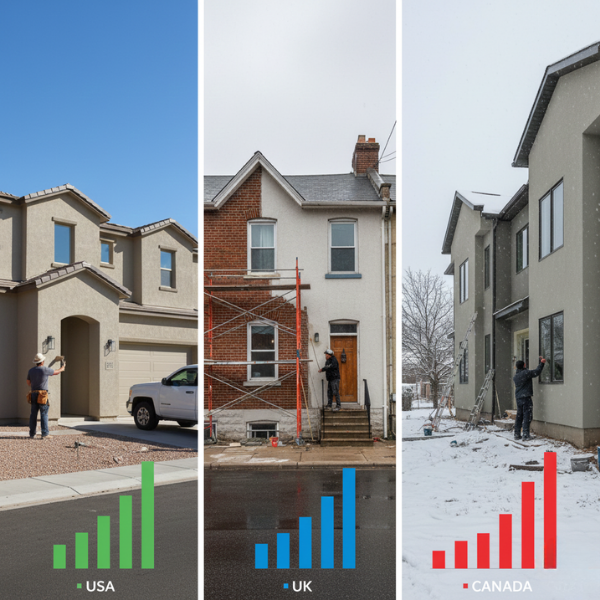 Triple image showing stucco application on houses in the USA, UK, and Canada, each with a rising bar chart underneath representing varying regional costs.