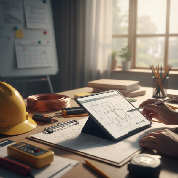 Electrical estimator working on residential wiring blueprints and cost analysis.