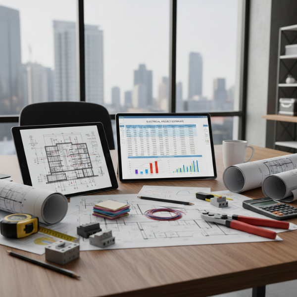 Detailed electrical project estimate and blueprints on an office desk.